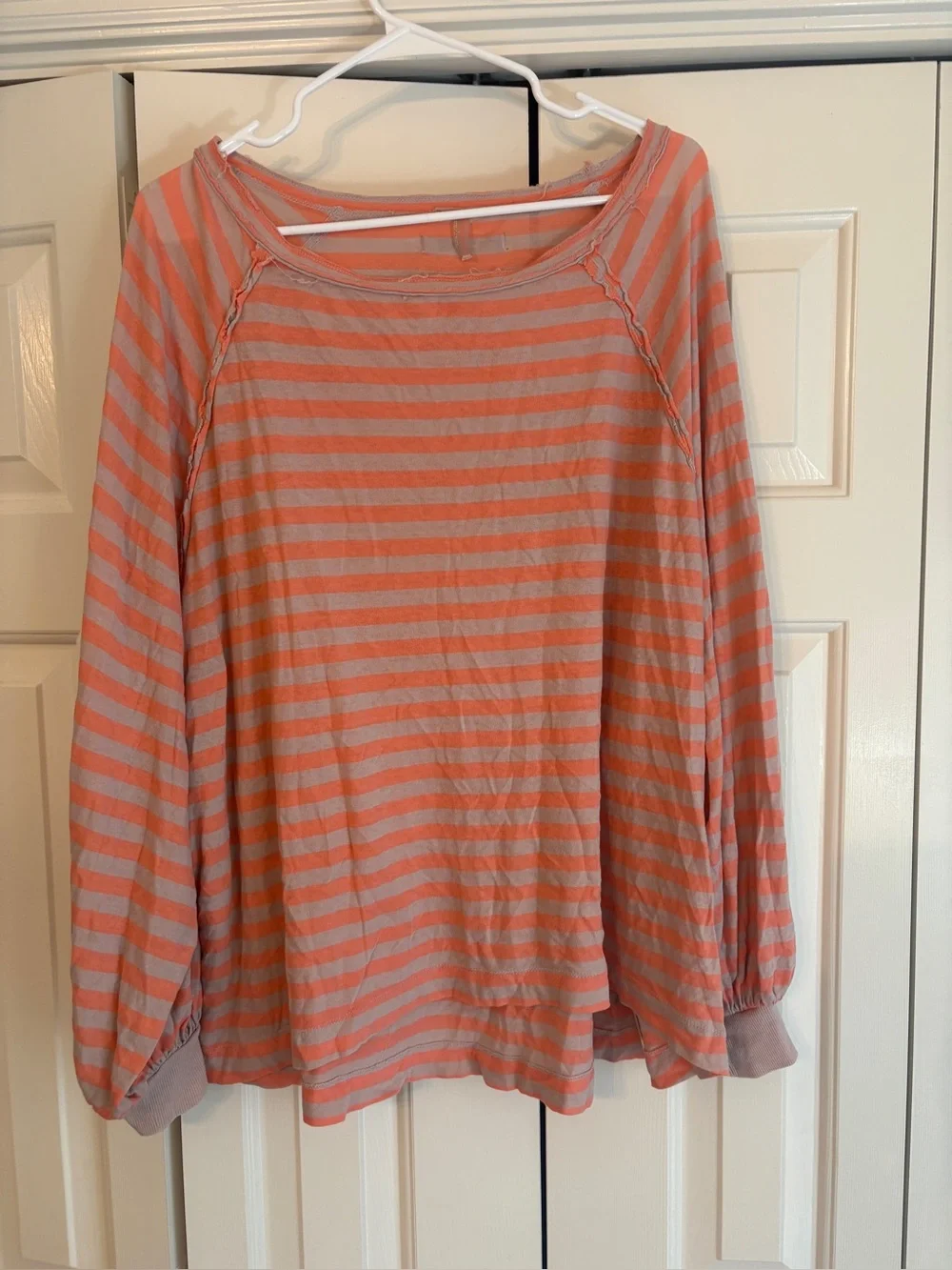 Free People Striped Long-Sleeve Top in Coral and Light Gray